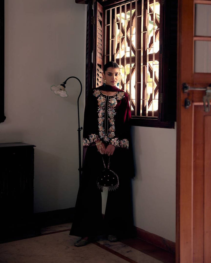 Burgundy Charm Floral Embroidered Velvet Kurta Set