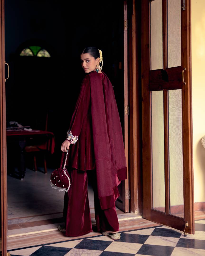Burgundy Charm Floral Embroidered Velvet Kurta Set