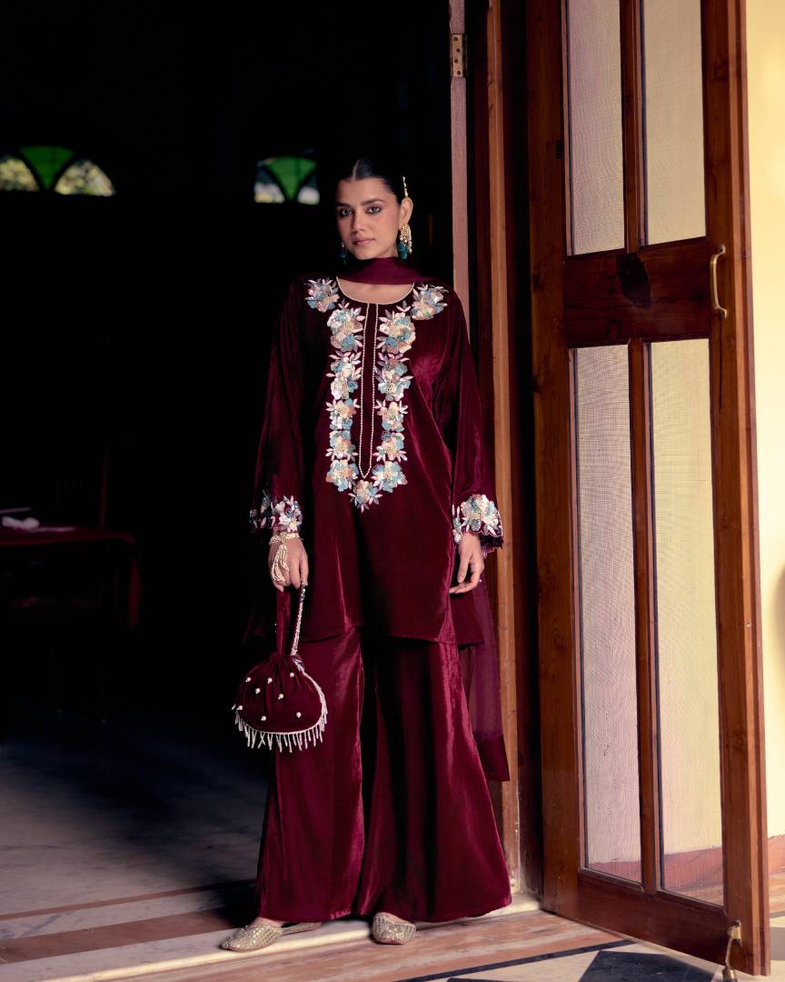 Burgundy Charm Floral Embroidered Velvet Kurta Set