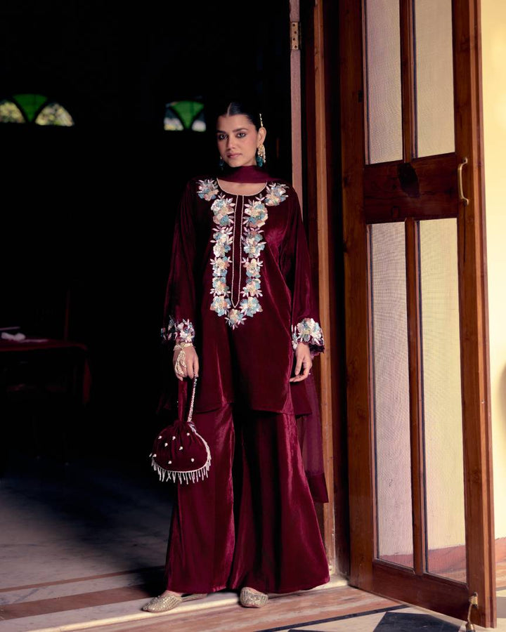 Burgundy Charm Floral Embroidered Velvet Kurta Set