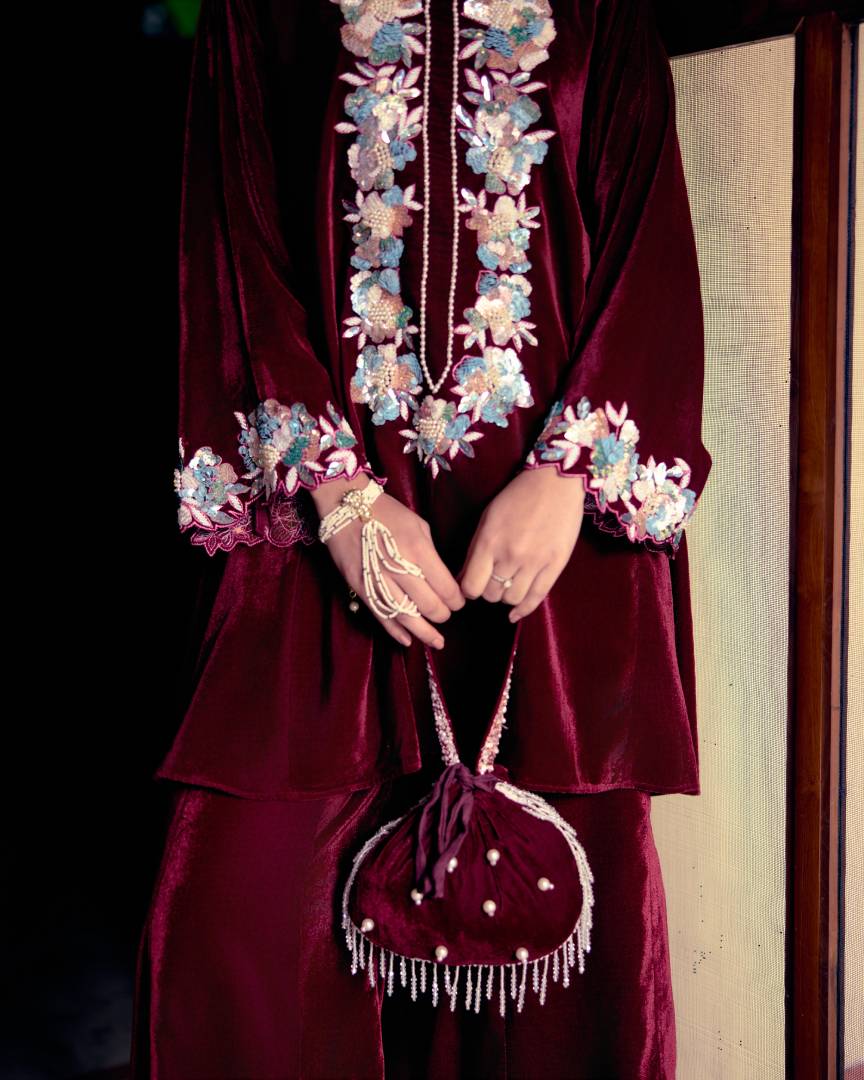 Burgundy Charm Floral Embroidered Velvet Kurta Set