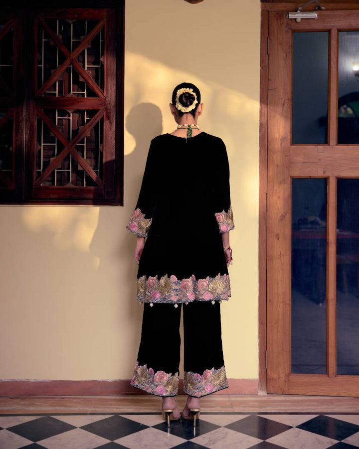 Noir Floral Embroidered Velvet Kalidar Set