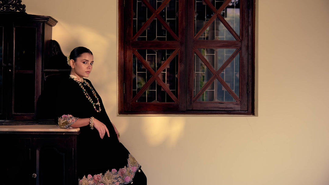 Noir Floral Embroidered Velvet Kalidar Set