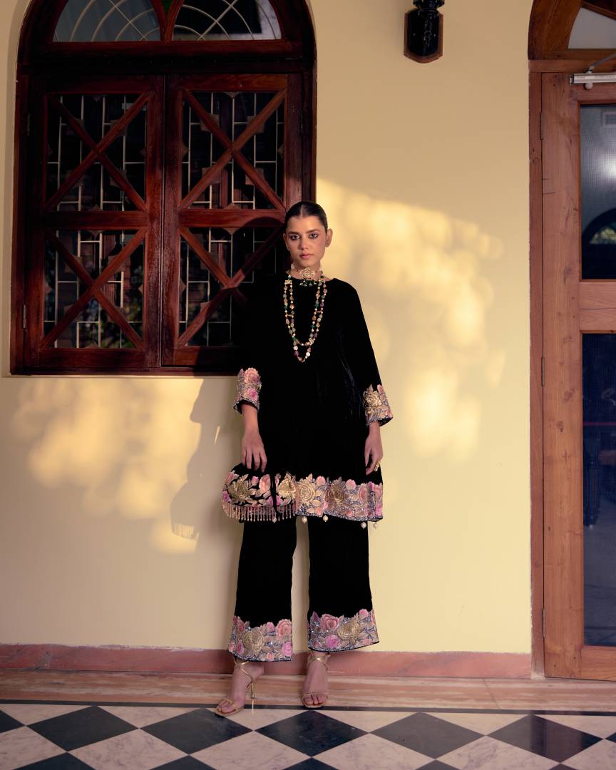 Noir Floral Embroidered Velvet Kalidar Set