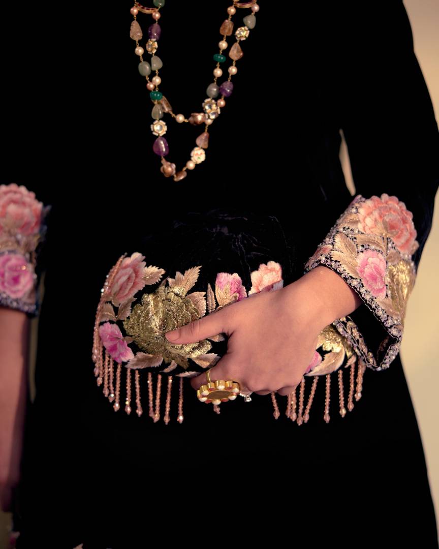 Noir Floral Embroidered Velvet Kalidar Set