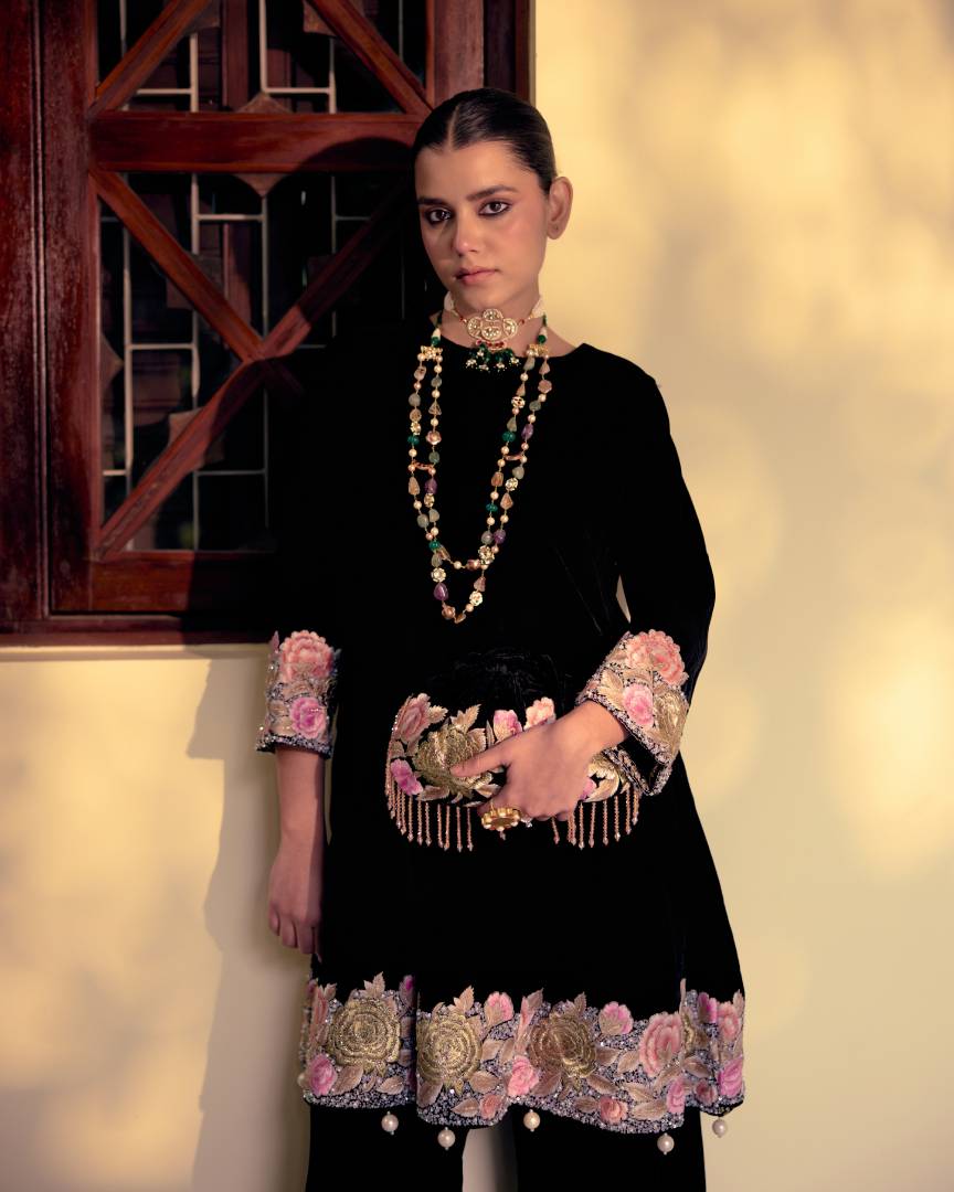 Noir Floral Embroidered Velvet Kalidar Set