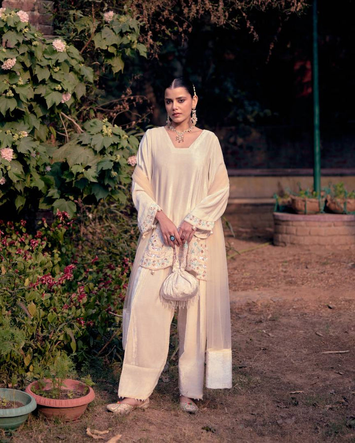 Ivory Grace Pearl & Sequin Embroidered Velvet Short kurta and Farshi Salwar Set