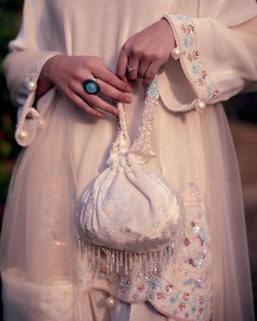 Ivory Grace Pearl & Sequin Embroidered Velvet Short kurta and Farshi Salwar Set