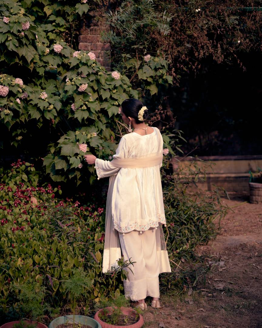 Ivory Grace Pearl & Sequin Embroidered Velvet Short kurta and Farshi Salwar Set