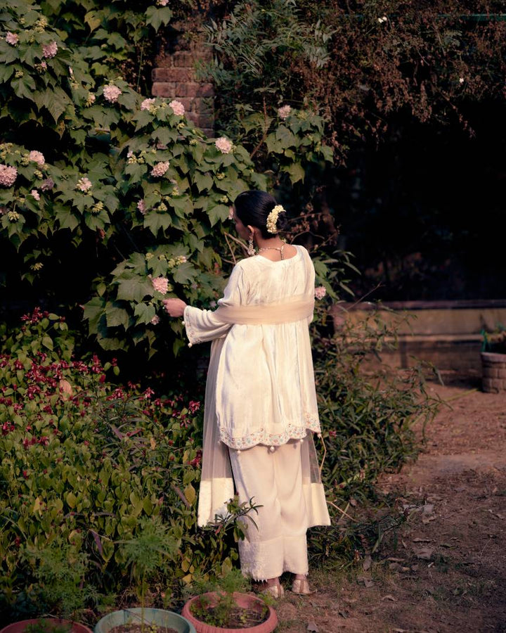 Ivory Grace Pearl & Sequin Embroidered Velvet Short kurta and Farshi Salwar Set