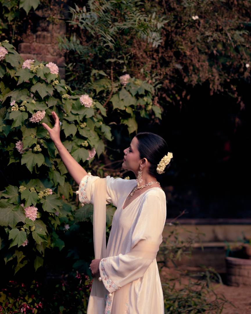 Ivory Grace Pearl & Sequin Embroidered Velvet Short kurta and Farshi Salwar Set