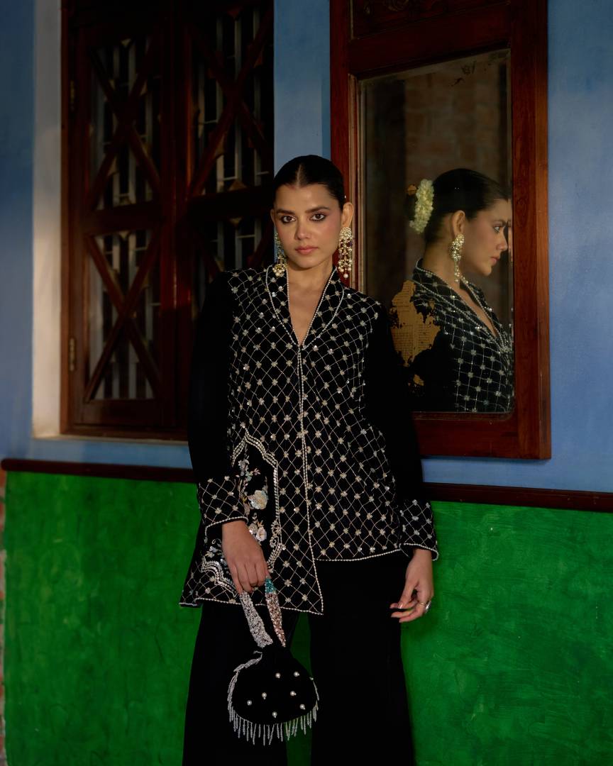 Midnight Elegance Embroidered Velvet Coat Jacket Set