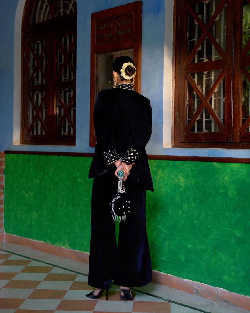 Midnight Elegance Embroidered Velvet Coat Jacket Set