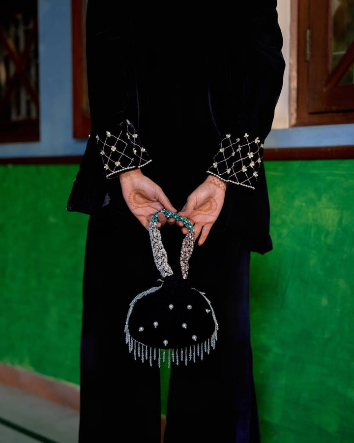 Midnight Elegance Embroidered Velvet Coat Jacket Set