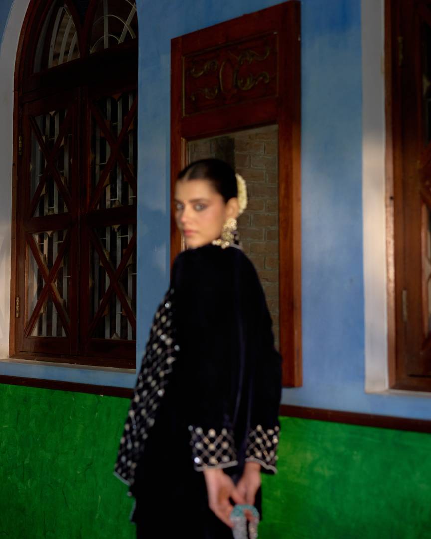 Midnight Elegance Embroidered Velvet Coat Jacket Set