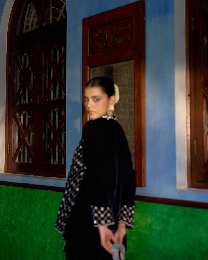 Midnight Elegance Embroidered Velvet Coat Jacket Set