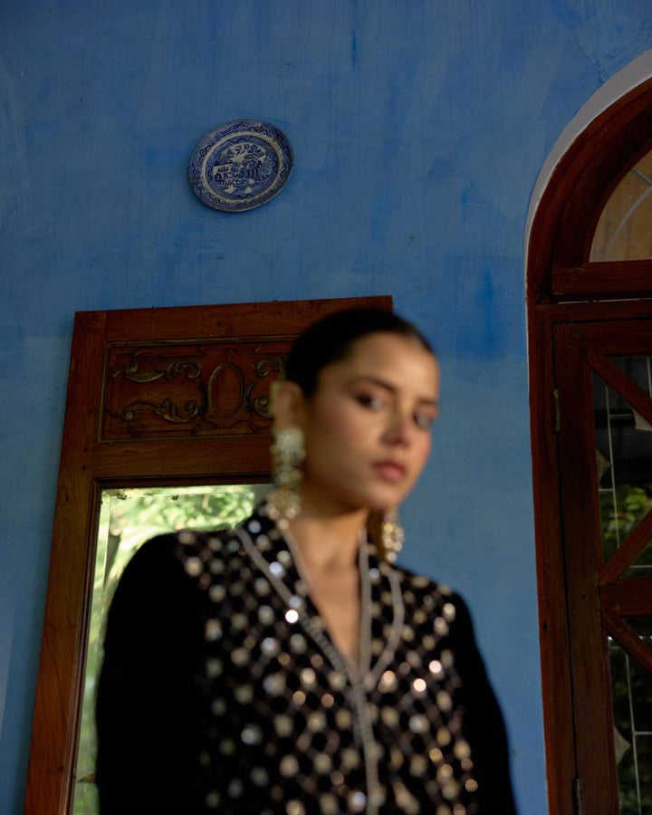 Midnight Elegance Embroidered Velvet Coat Jacket Set