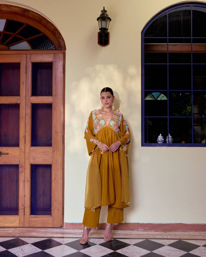 Deep mustard velvet with Pearl & Sequin Embroidery  Kurta Set