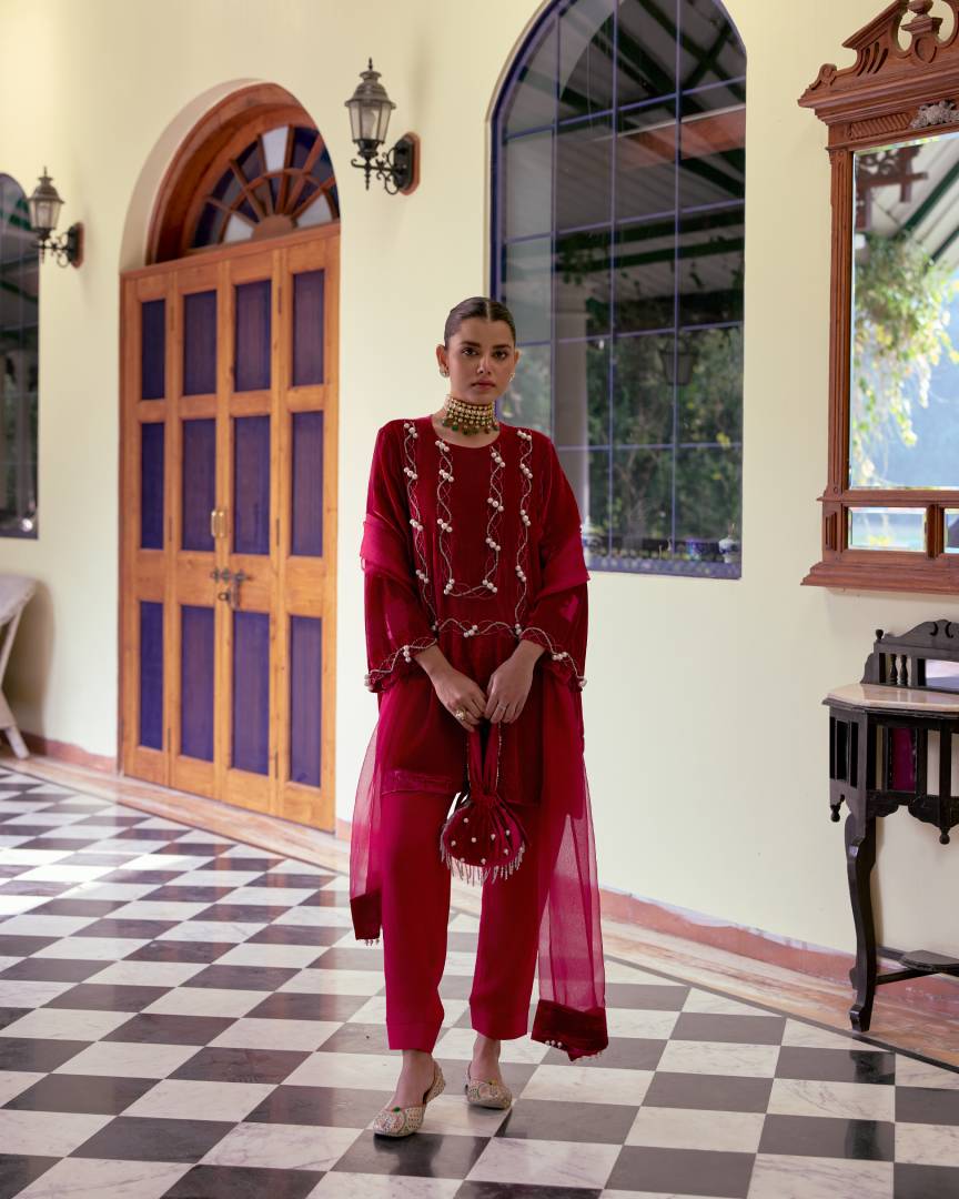 Crimson Luxe Pearl-Embroidered Velvet Salwar Set