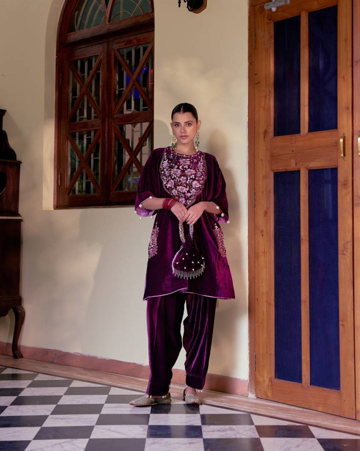 Purple Pearl & Crystal Embroidered Kaftan Set