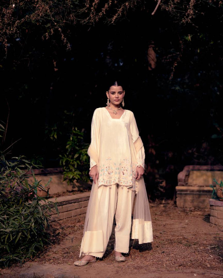 Ivory Grace Pearl & Sequin Embroidered Velvet Short kurta and Farshi Salwar Set