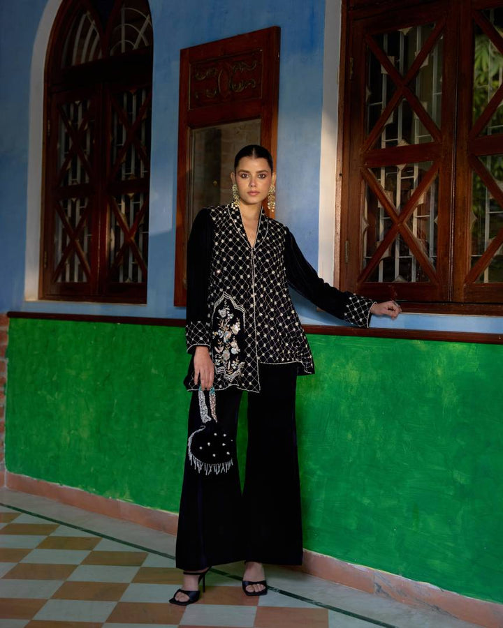 Midnight Elegance Embroidered Velvet Coat Jacket Set