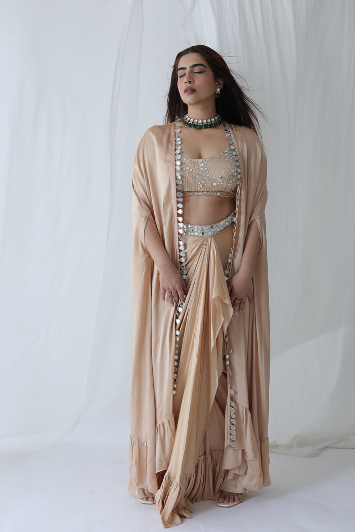 Champagne Glow: Mirror-Work Drape & Cape Set