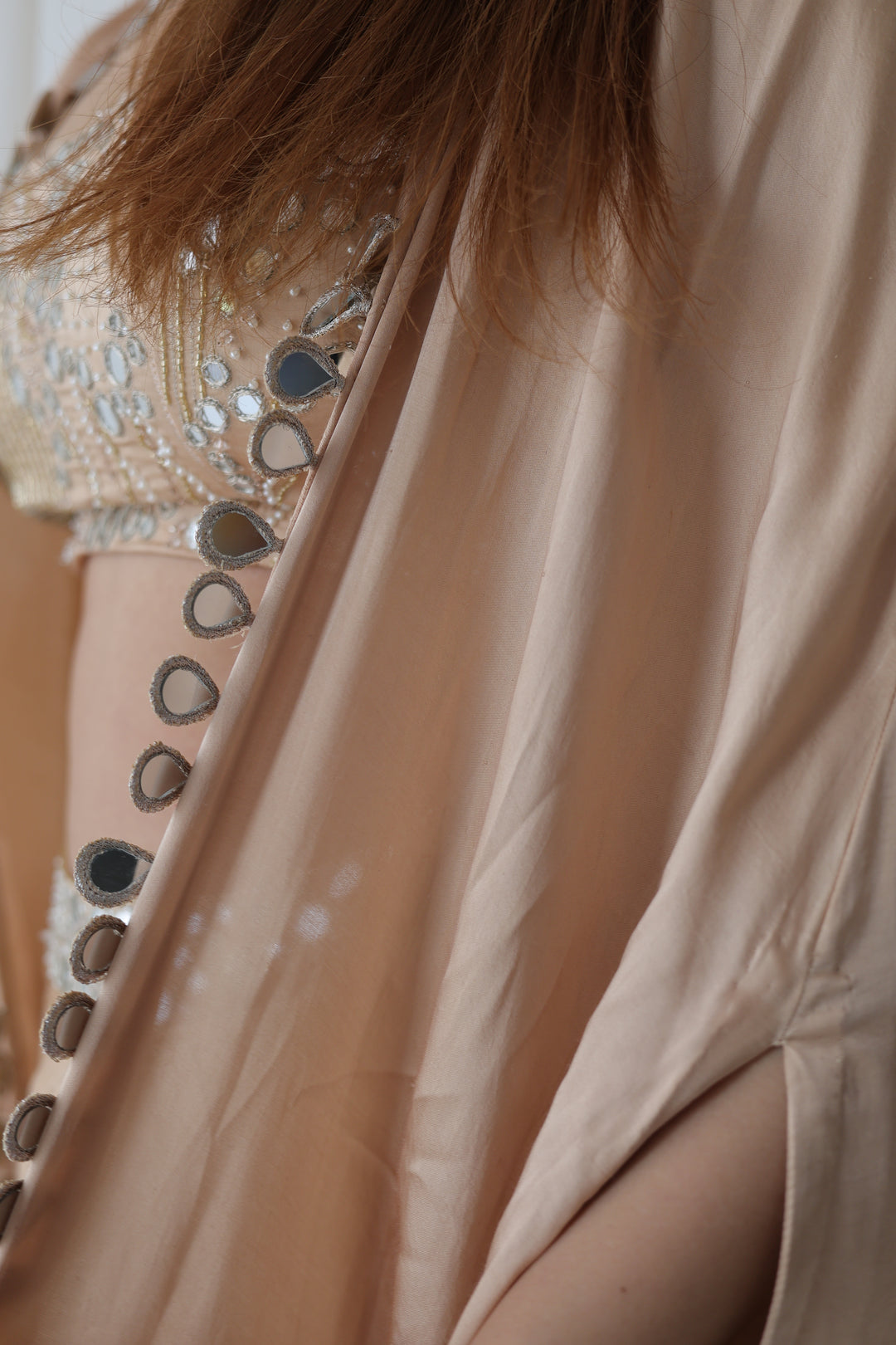 Champagne Glow: Mirror-Work Drape & Cape Set