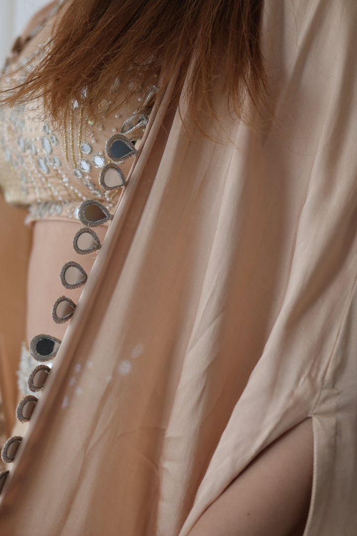Champagne Glow: Mirror-Work Drape & Cape Set