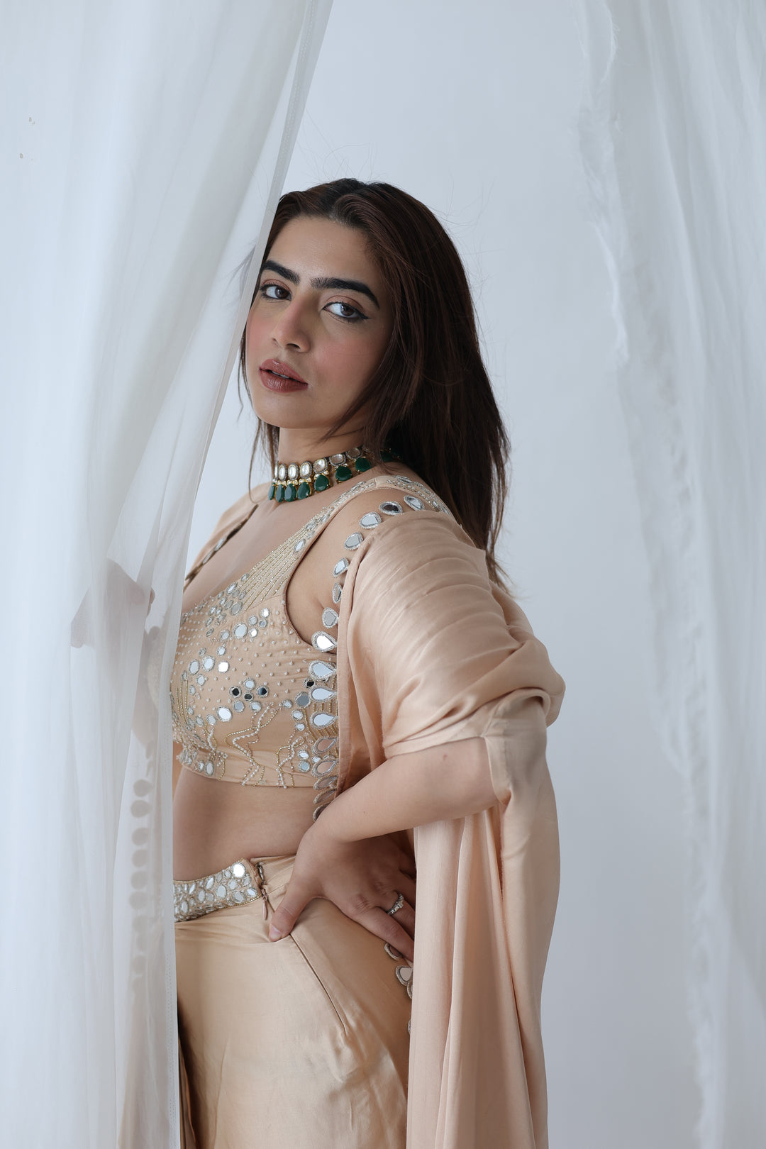 Champagne Glow: Mirror-Work Drape & Cape Set