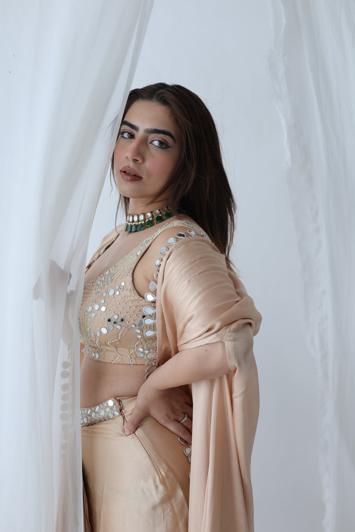 Champagne Glow: Mirror-Work Drape & Cape Set