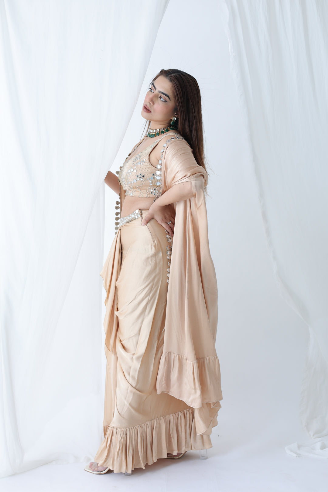 Champagne Glow: Mirror-Work Drape & Cape Set