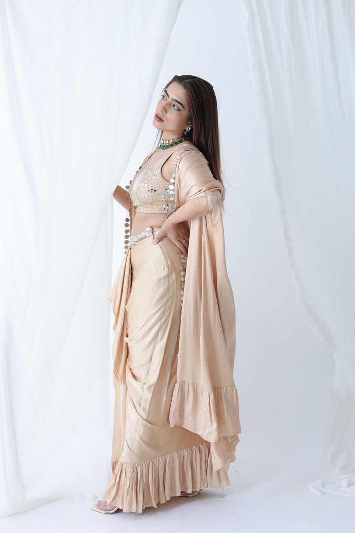 Champagne Glow: Mirror-Work Drape & Cape Set