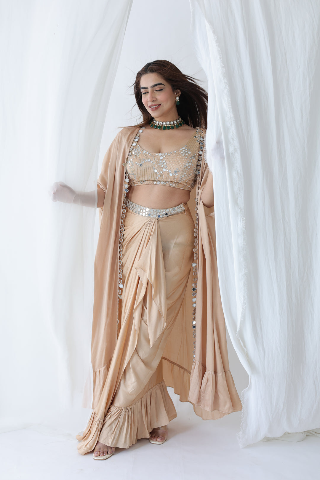 Champagne Glow: Mirror-Work Drape & Cape Set