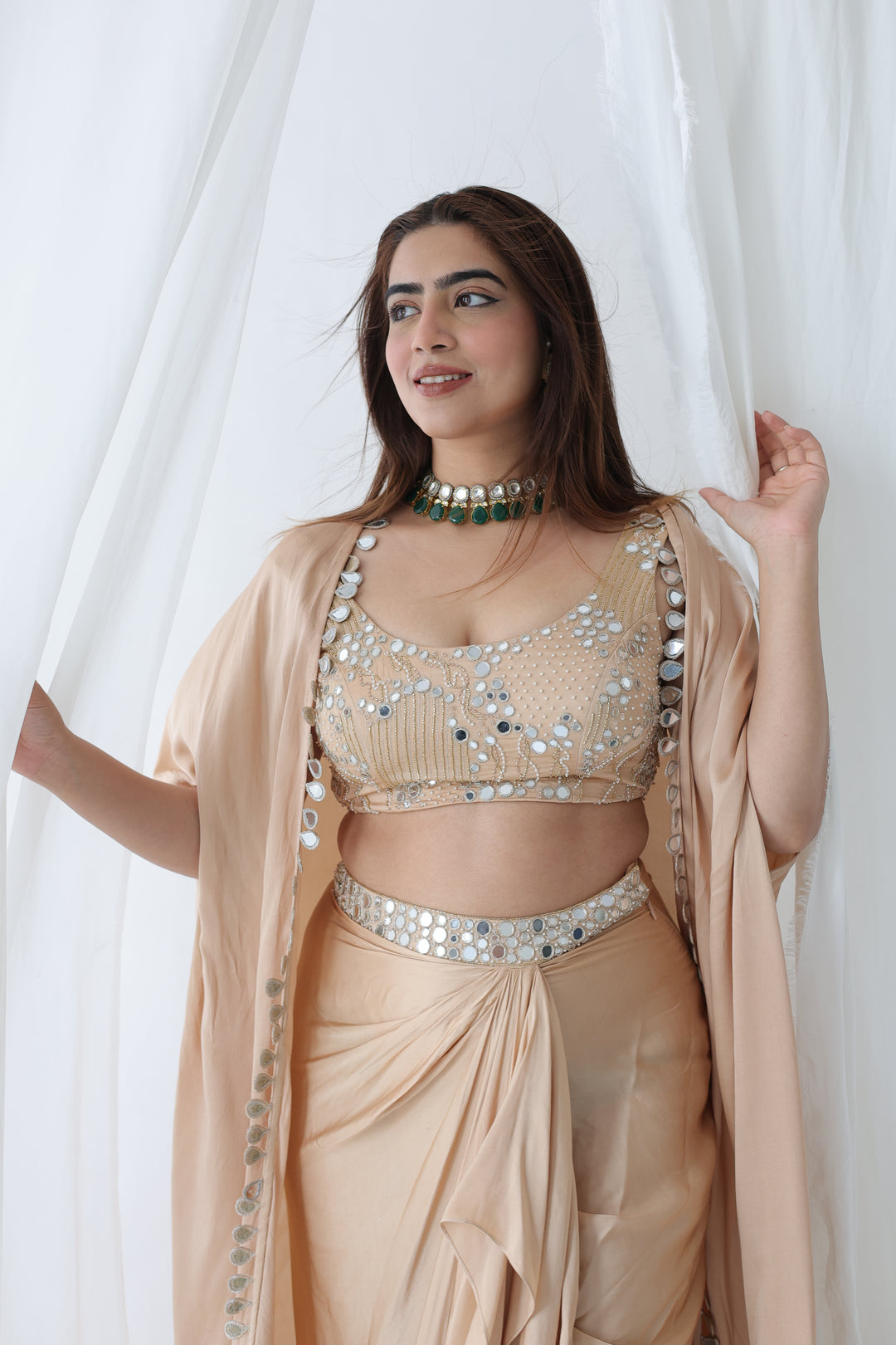 Champagne Glow: Mirror-Work Drape & Cape Set