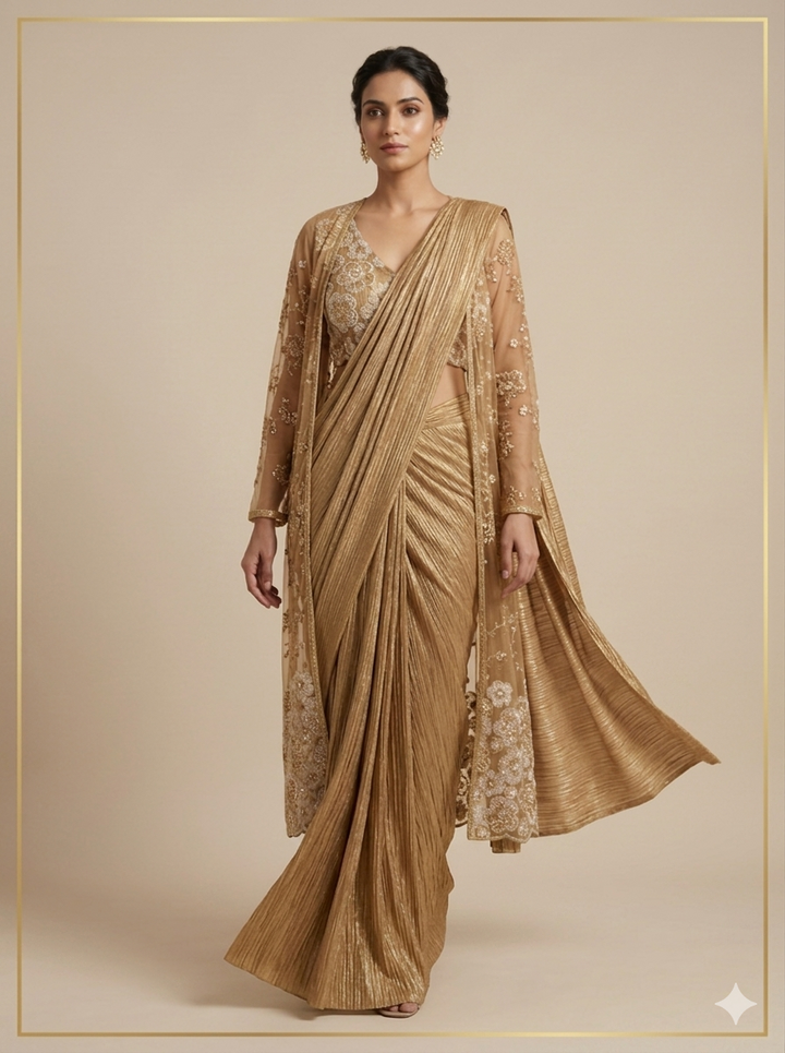 Golden Pre-Draped Saree Set with Embellished Jacket