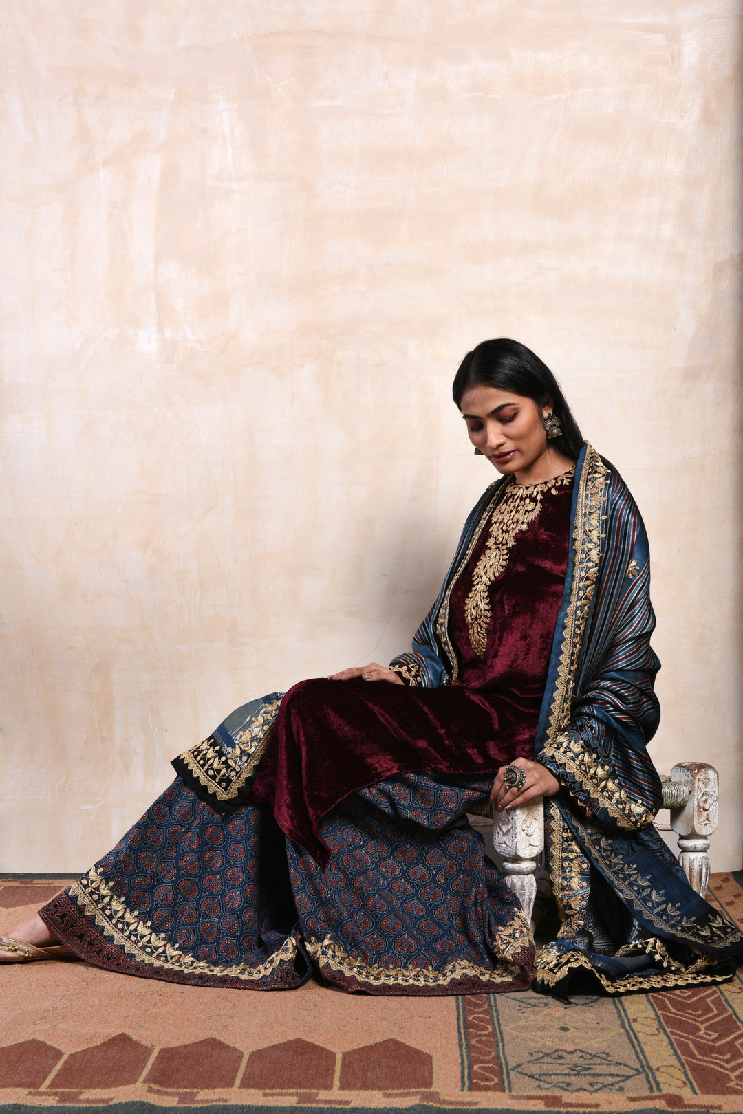 Maroon Velvet Kurta with Ajrakh Printed Sharara & Dupatta