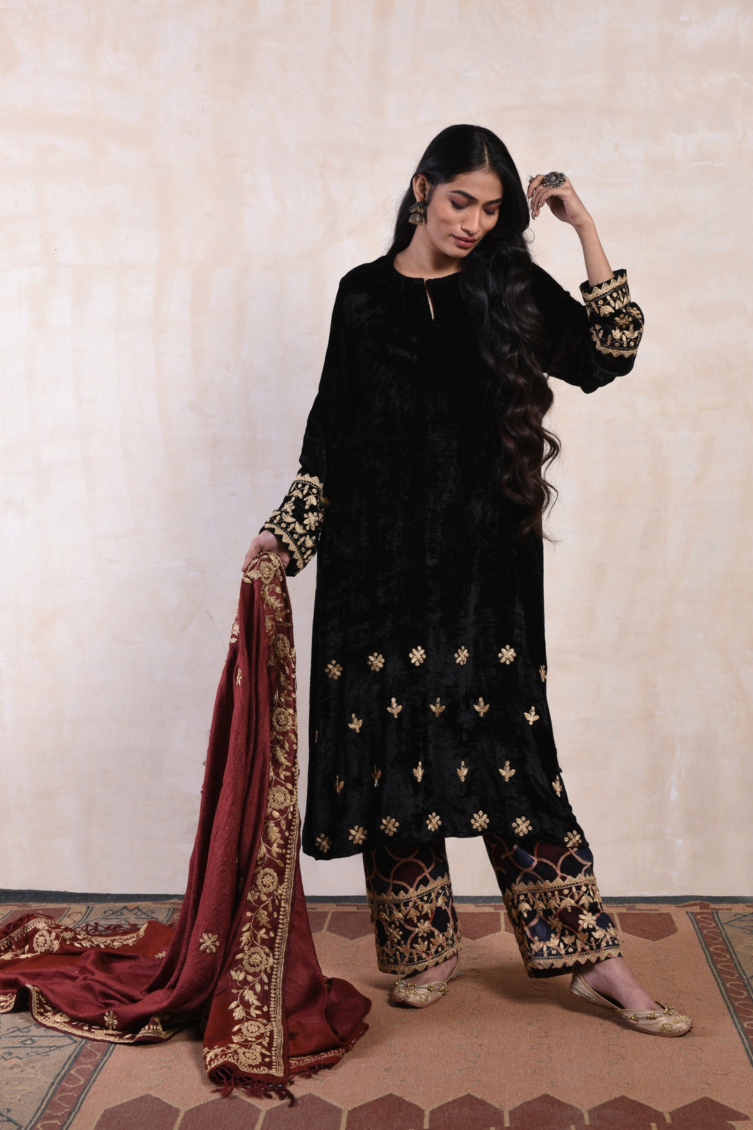 Black Velvet Kurta Set with Straight Pants