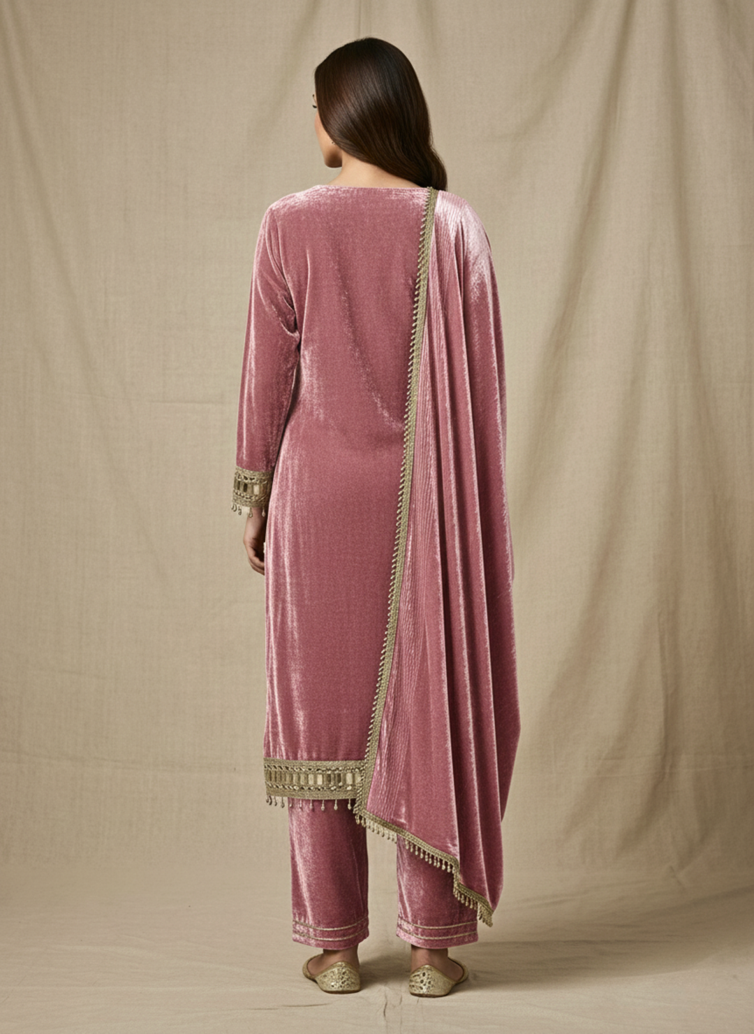 Old Rose Velvet Mirror-Embellished Crushed Velvet Set