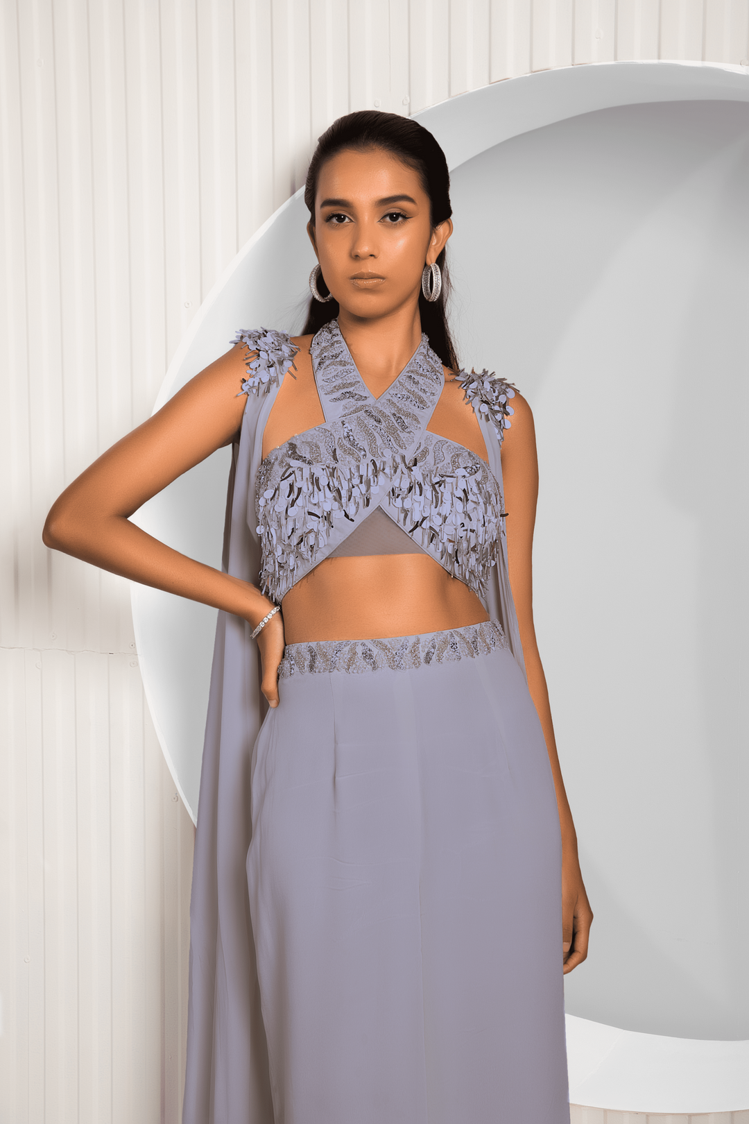 Grey Halter Rop Top Cape & Pant Set