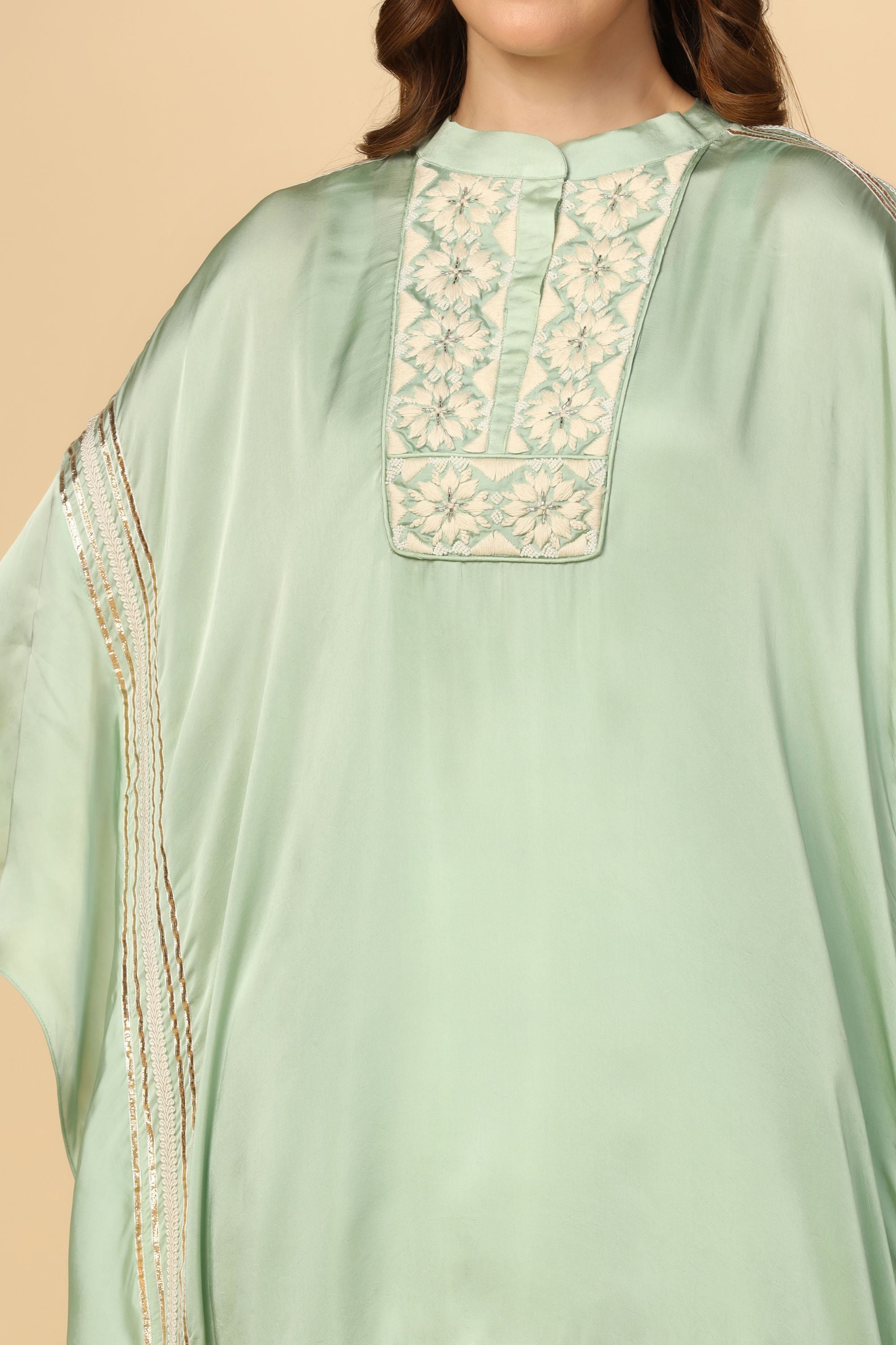 Mint Green Embroidered Kaftan Set with Tulip Pants