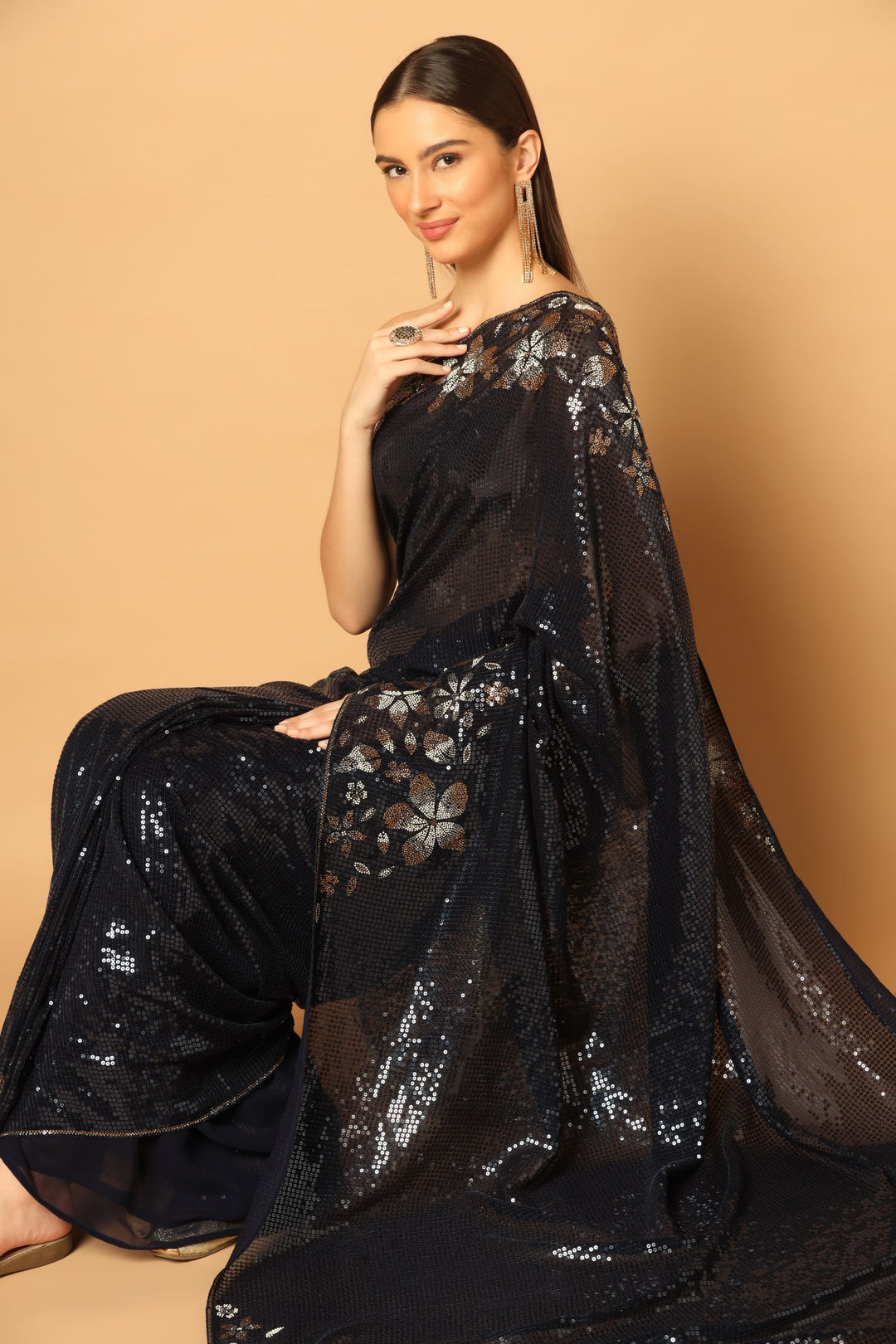 Black Saree with Sequins and Crystal Floral Work