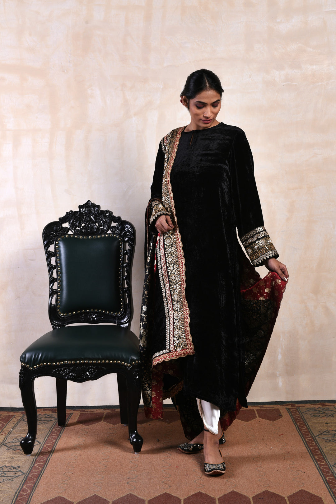 Black Velvet Kurta Set with White Tulip Pants & Banarasi Dusala