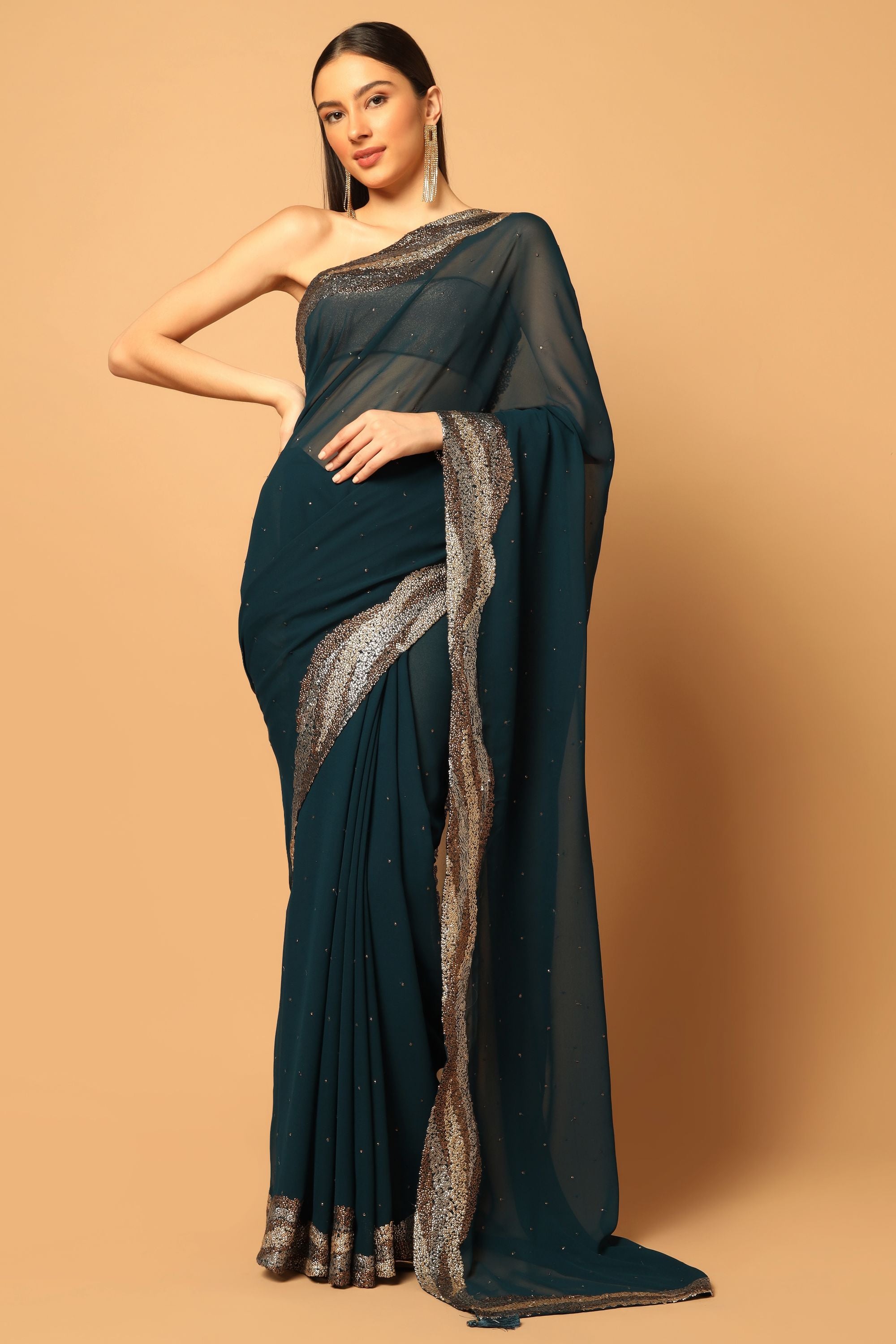Teal Blue Saree with Hand Embroidered Tricolour Sequins