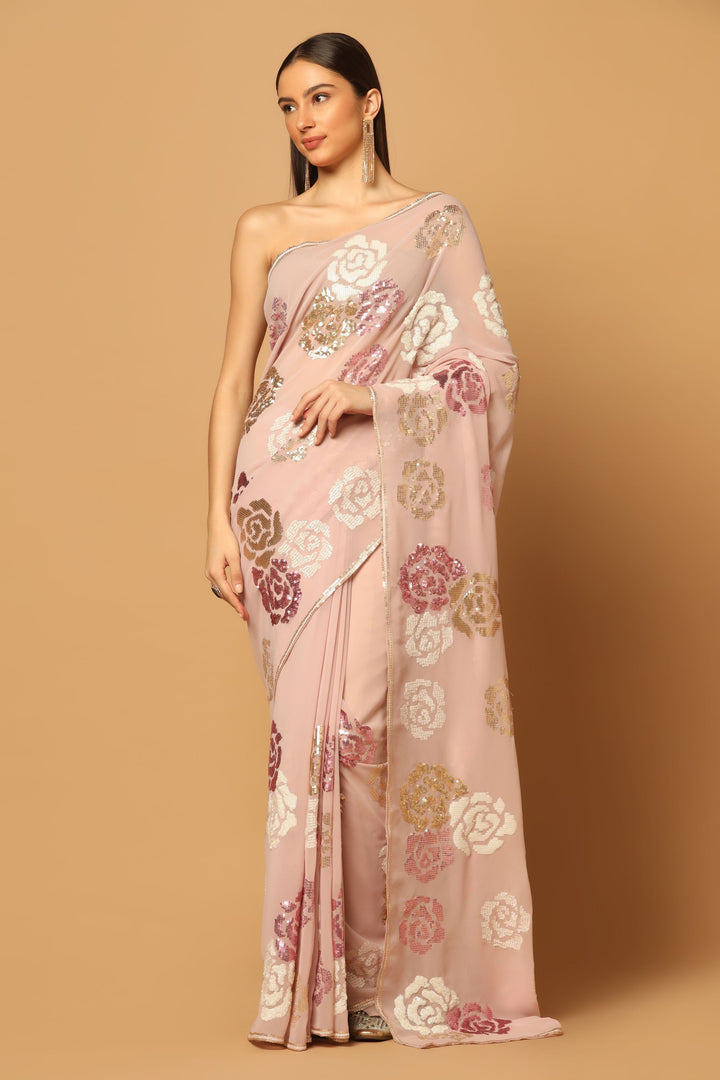 Pink Floral Sequins Embroidered Saree