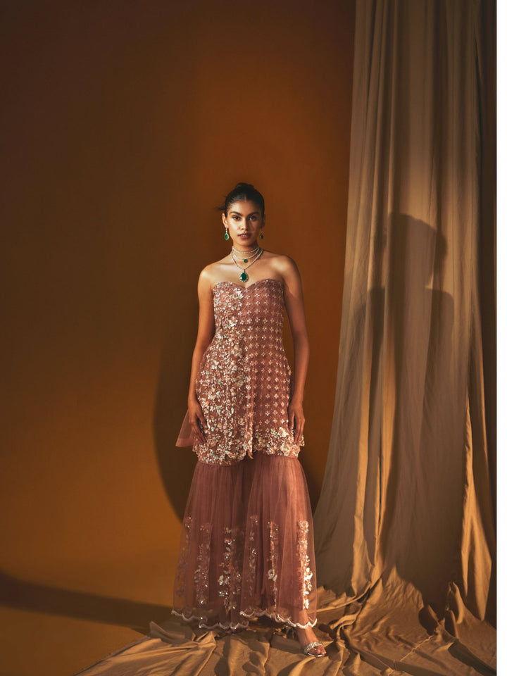 Coral Pink Embroidered Kurta with Matching Dupatta & Garara Set