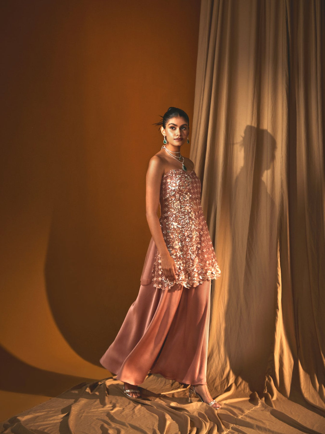 Coral Pink Embroidered Kurta with Matching Dupatta & Garara Set