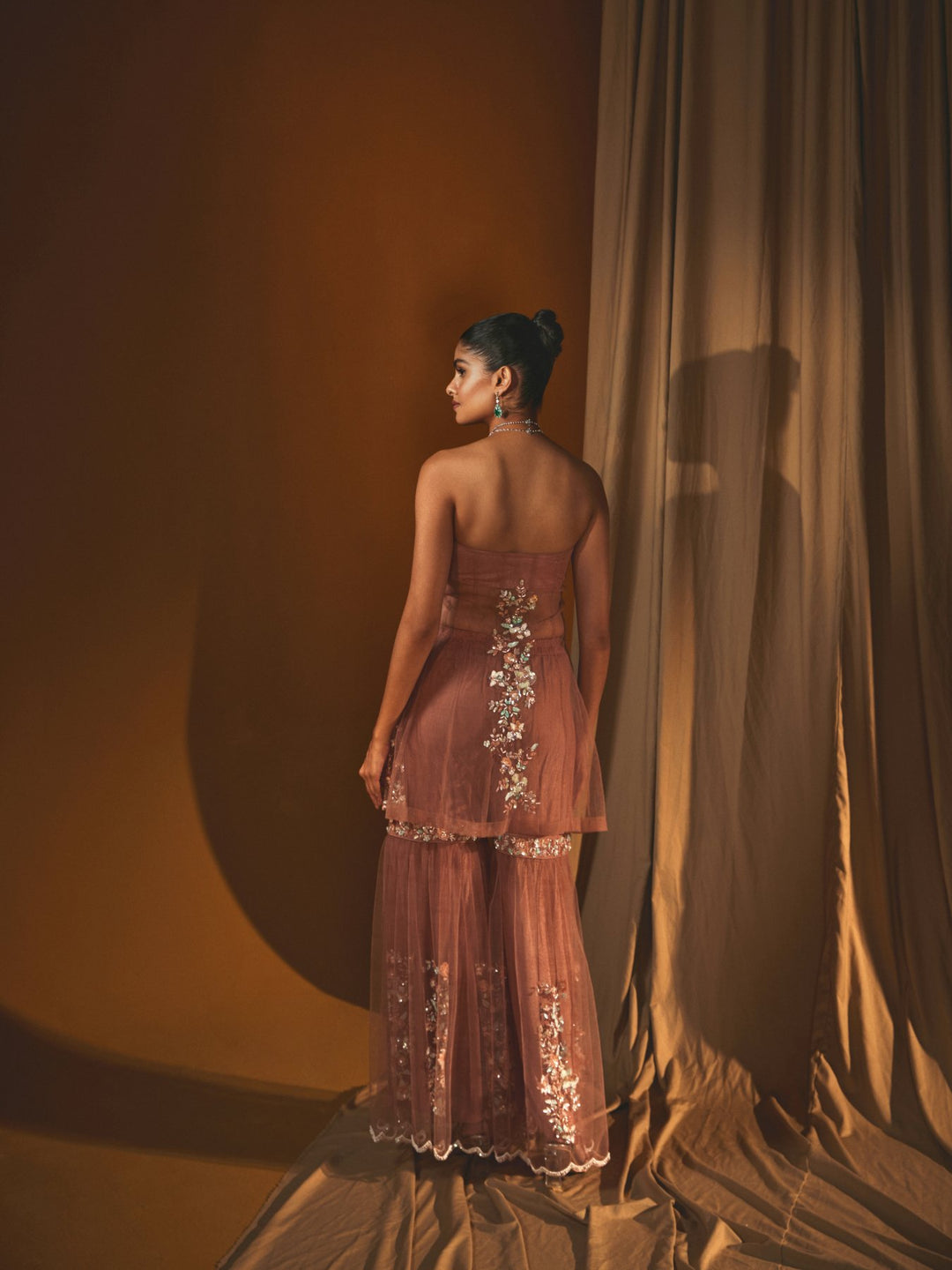 Coral Pink Embroidered Kurta with Matching Dupatta & Garara Set