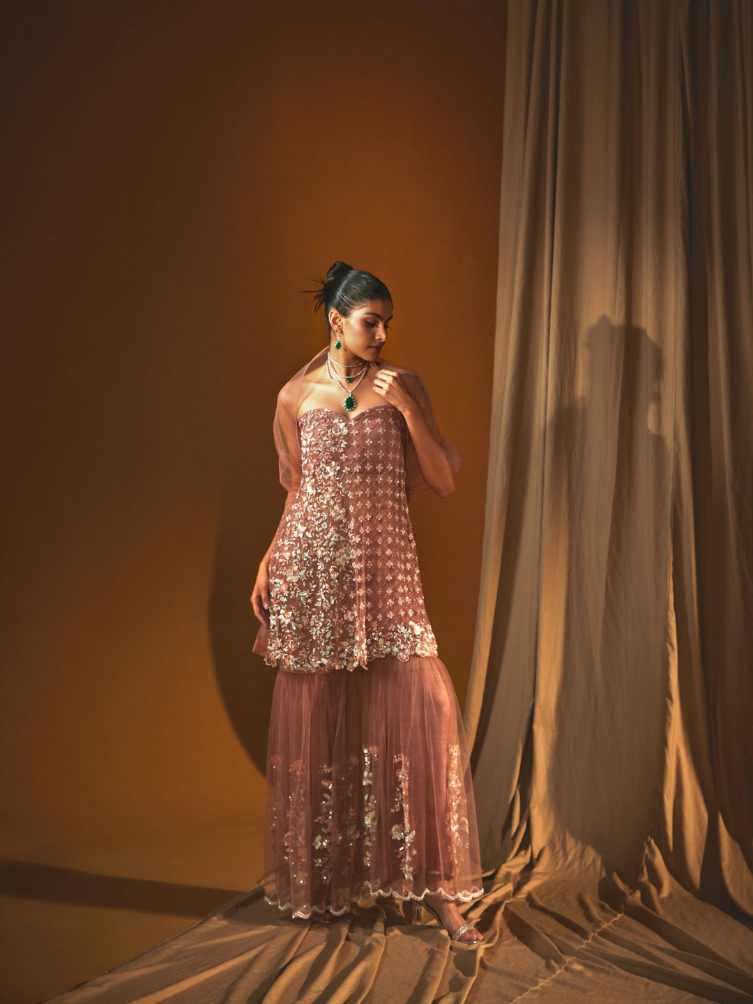 Coral Pink Embroidered Kurta with Matching Dupatta & Garara Set