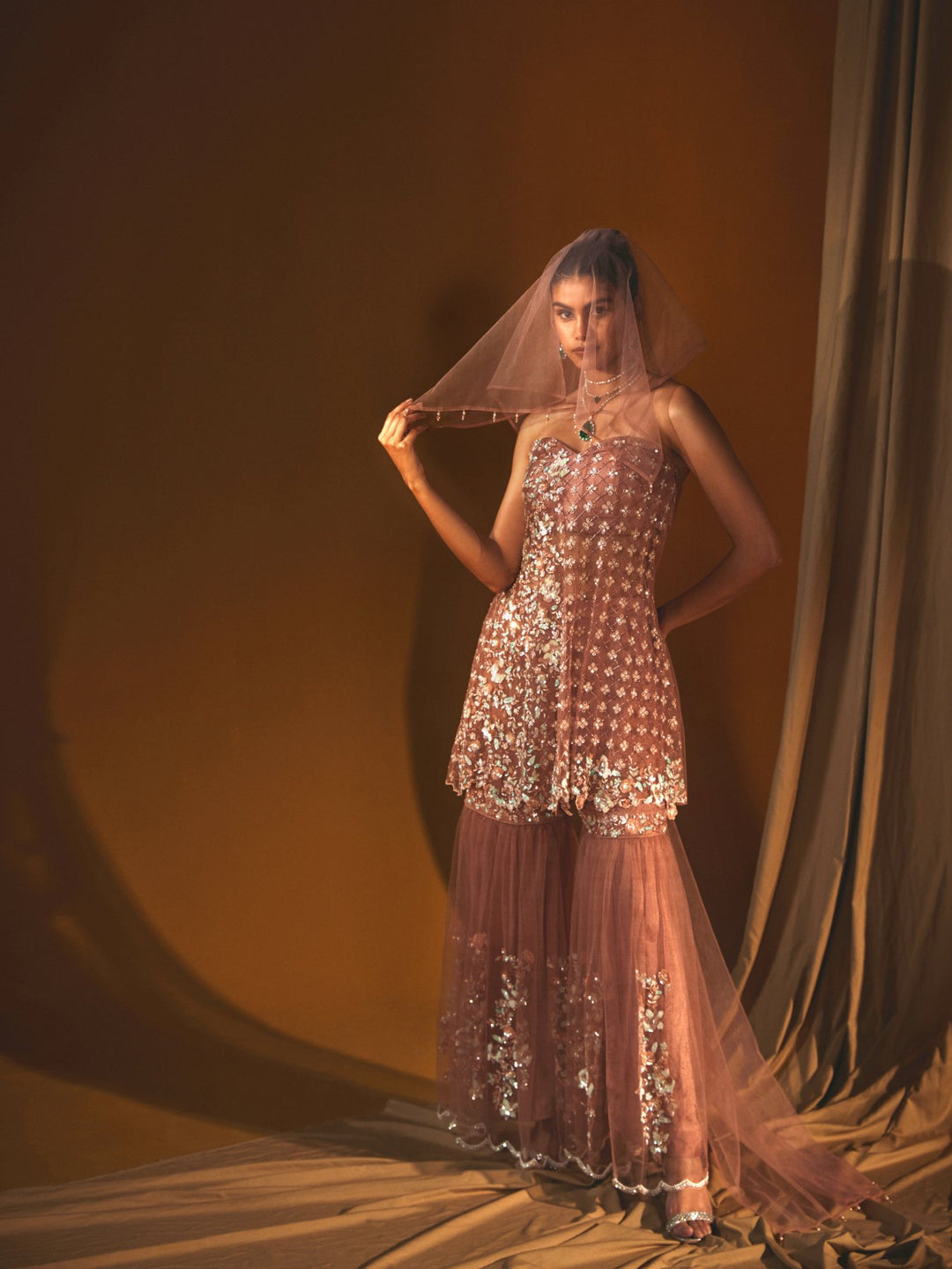 Coral Pink Embroidered Kurta with Matching Dupatta & Garara Set